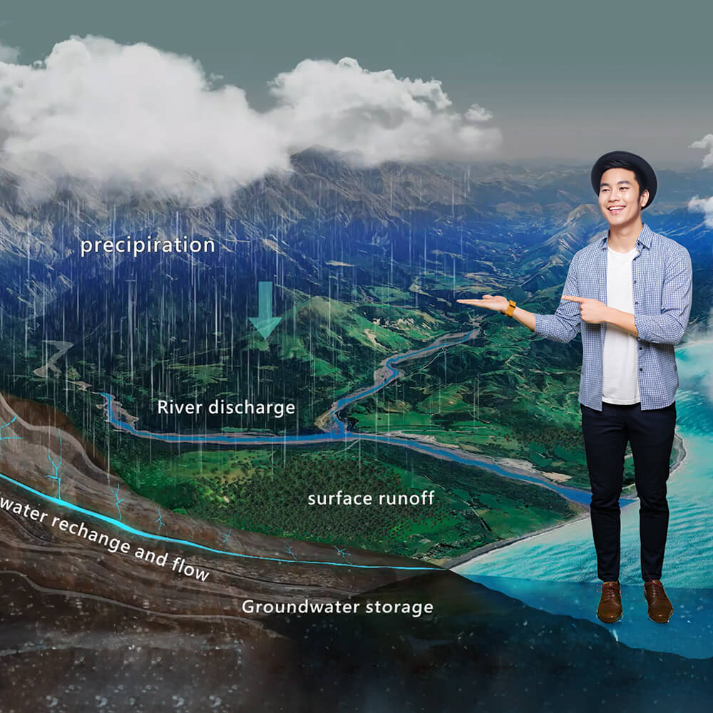 Educational water cycle diagram with labeled precipitation, river discharge, surface runoff, groundwater storage, and a presenter pointing for interactive learning